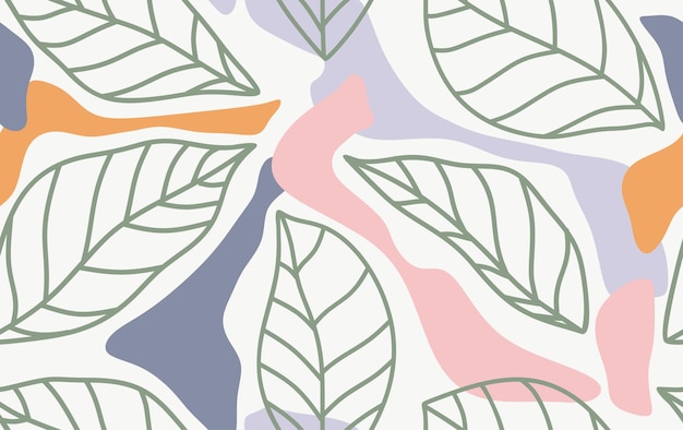 Hand drawn tropical leaves with seamless pattern