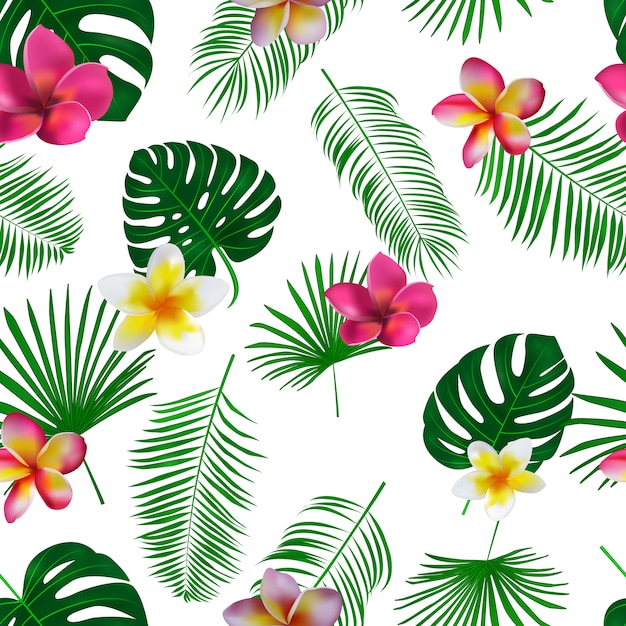 Vector hand drawn tropical pattern with orchid flowers and exotic palm leaves on white background.