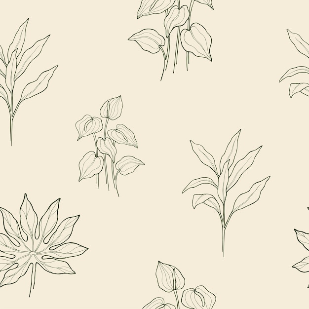 Hand drawn tropical plants and leaves background