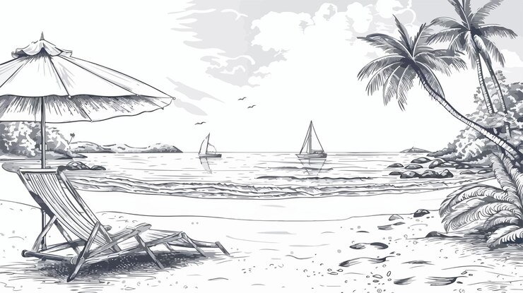 Vector hand drawn tropical resort seaside landscape illustration