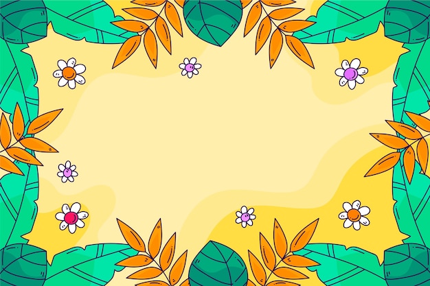 Vector hand drawn tropical summer background with leaves and flowers