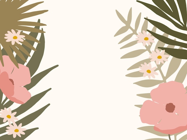 이국적인 여름 꽃과 식물 잎 Boho 꽃 패턴으로 손으로 그린 열대 벽지