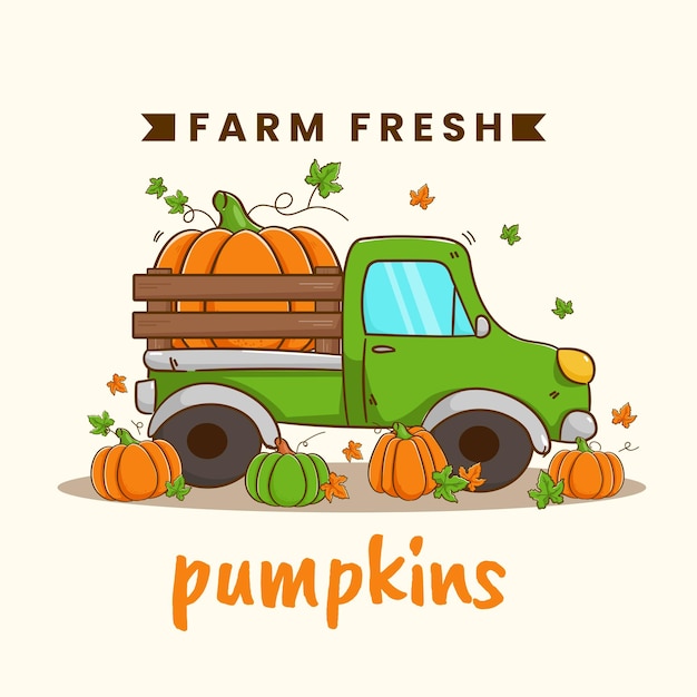 Hand drawn truck harvest pumpkin. Thanksgiving card template cartoon. Vector art illustration