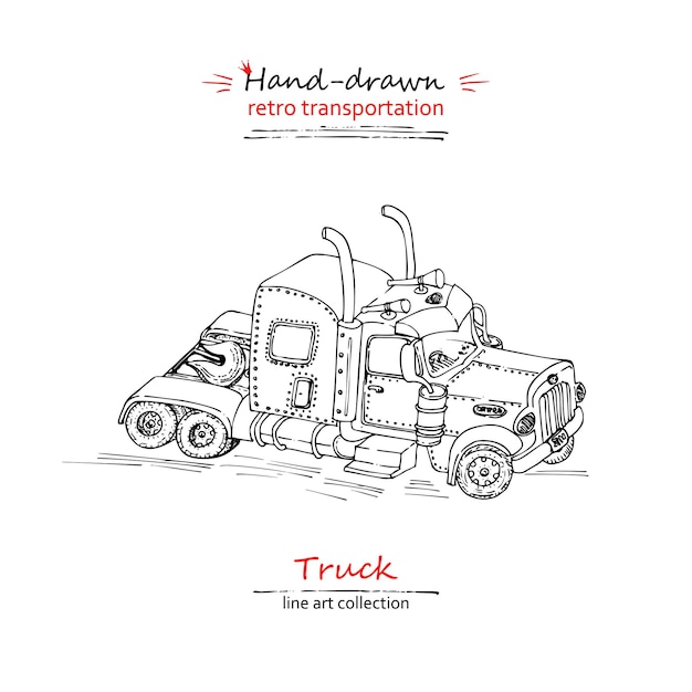 Hand drawn truck isolated on white background Vintage sketch lorry transport Large Industrial car giant machine Line art style