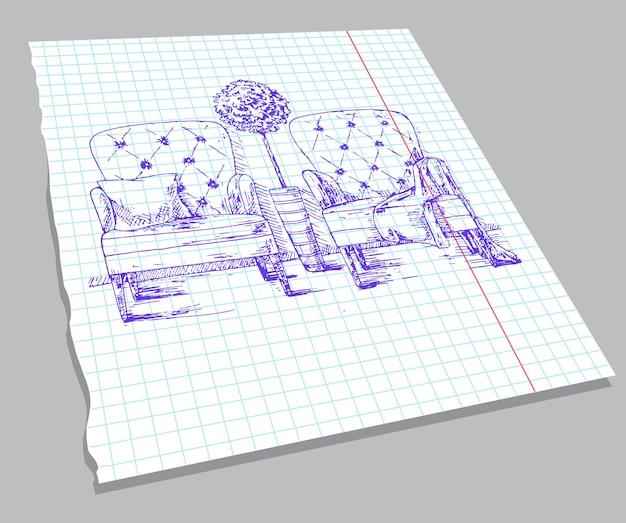 手描きの2つのアームチェアと鉢植えの植物ノートブックシートにスケッチベクトル図