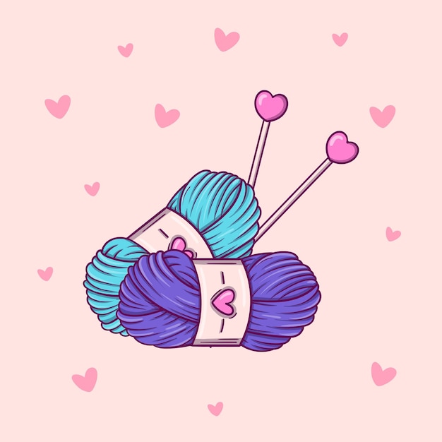 Vector hand drawn two skeins of yarn and needles in doodle style on pink background with hearts.