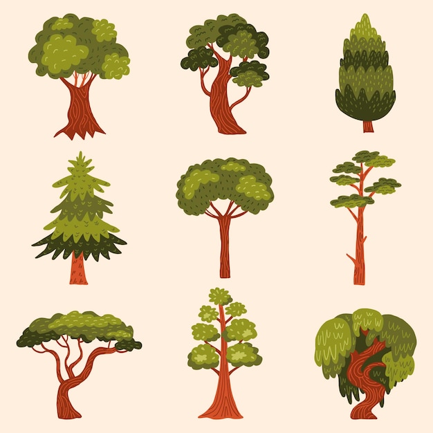 Vector hand drawn type of trees