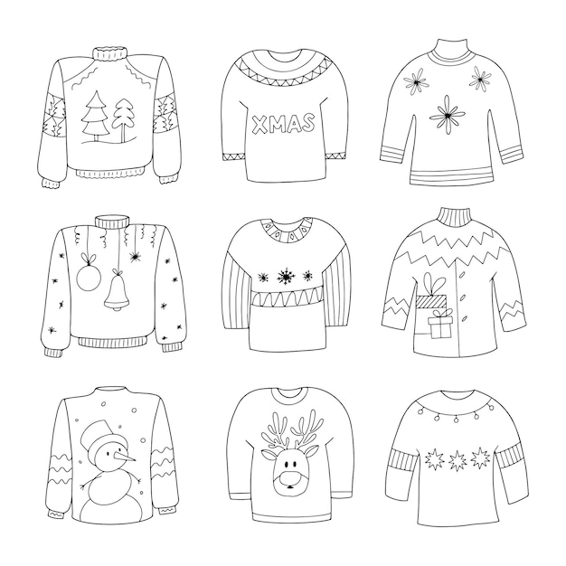 Premium Vector | Hand drawn ugly sweater set collection of linear black and  white winter sweaters for the holiday vector doodle illustration