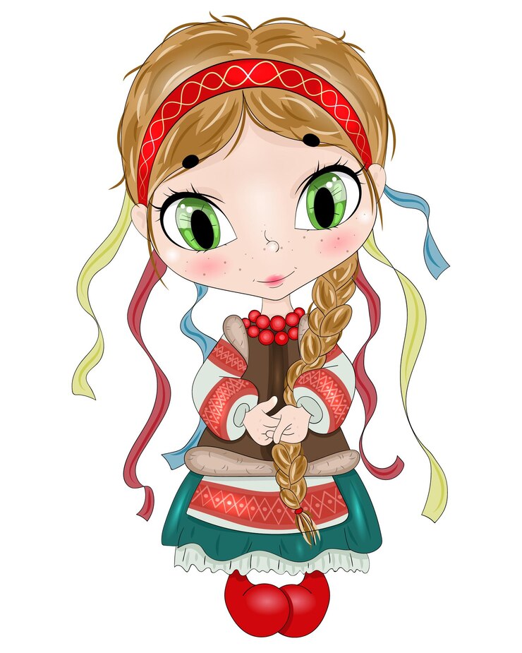 Vector hand drawn ukrainian girl beautiful cute haired girl in ukrainian traditional clothe cartoon chara