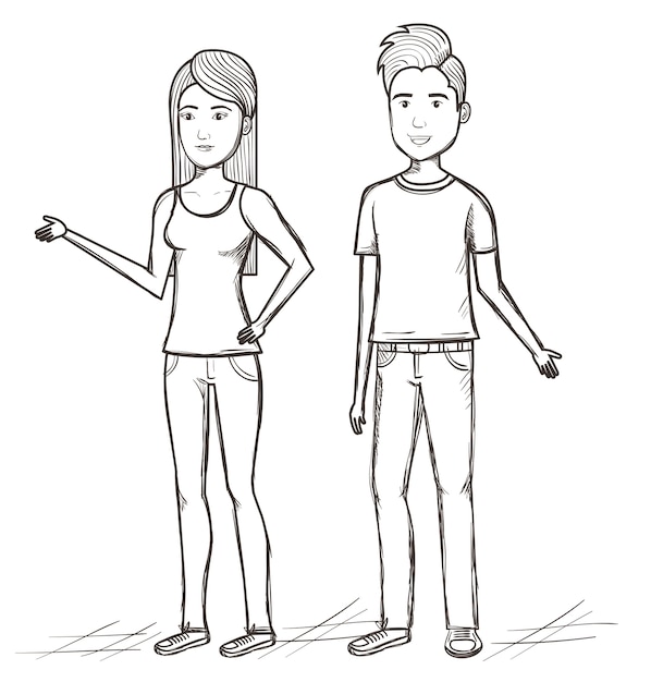 Vector hand drawn uncolored standing people over white background. vector illustration.