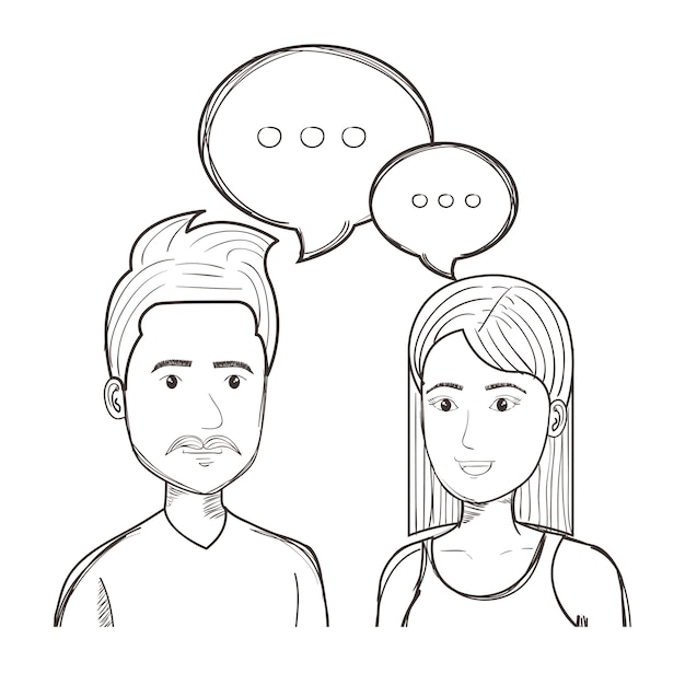 Hand drawn uncolored talking people over white background. Vector illustration.