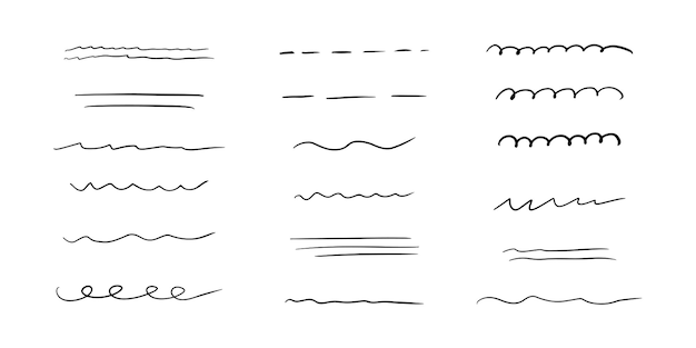 手描きの下線、強調、線セット。ブラシストローク。手作りの落書きの下線。落書きスタイルの白い背景の上のベクトルイラスト。