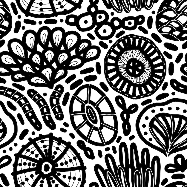 Hand drawn underwater natural ocean elements as a background Seamless pattern with handdrawn corals sea urchins sea weeds and jellyfish Vector linear repeatable backdrop