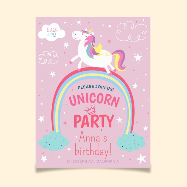 Vettore invito di compleanno unicorno disegnato a mano