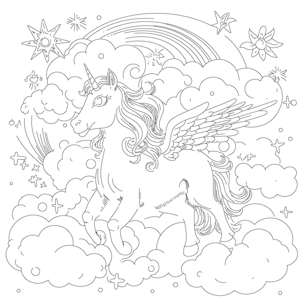 Vettore illustrazione di libro da colorare unicorno disegnato a mano libro da colorare carino con illustrazione di contorno di unicorno