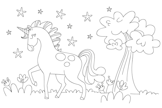 Hand drawn unicorn coloring book illustration