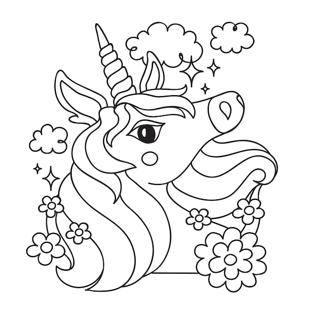 Hand drawn unicorn coloring book illustration