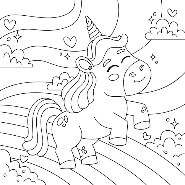 手描きのユニコーンのカラーページイラスト