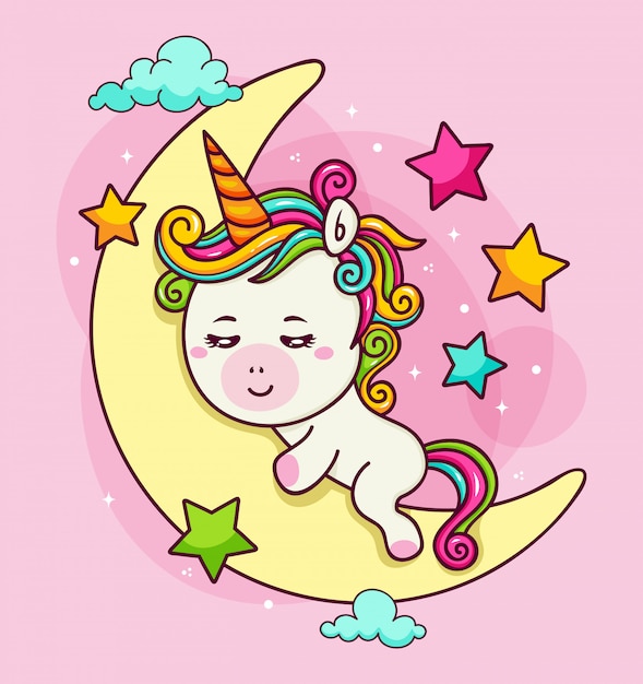 Vector hand drawn unicorn hugging the moon in the sky