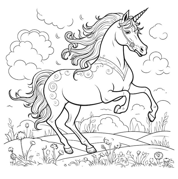 Vector hand drawn unicorn outline illustration beatuful coloring page cartoon style