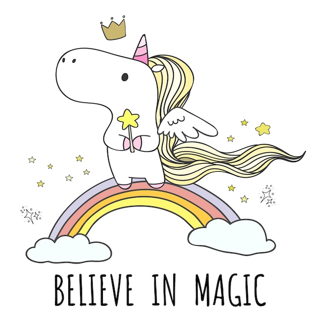 Vector hand drawn unicorn on the rainbow in doodle style.