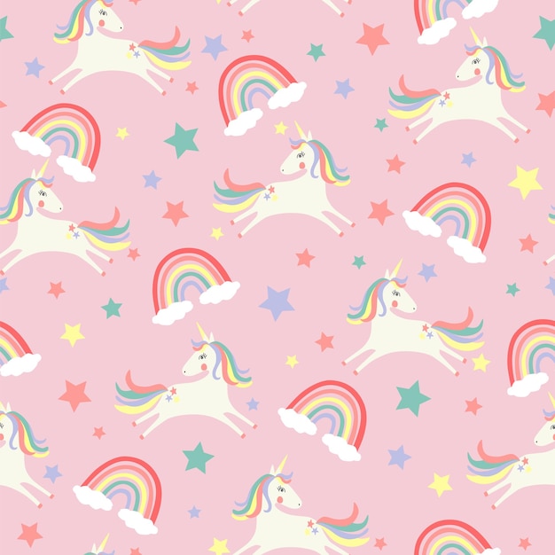 Vector hand drawn unicorn and rainbow seamless pattern background for kids