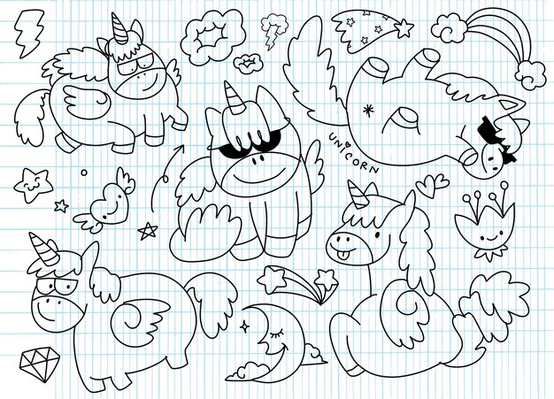 Ручно нарисованные единороги и магические элементы DoodlesxA