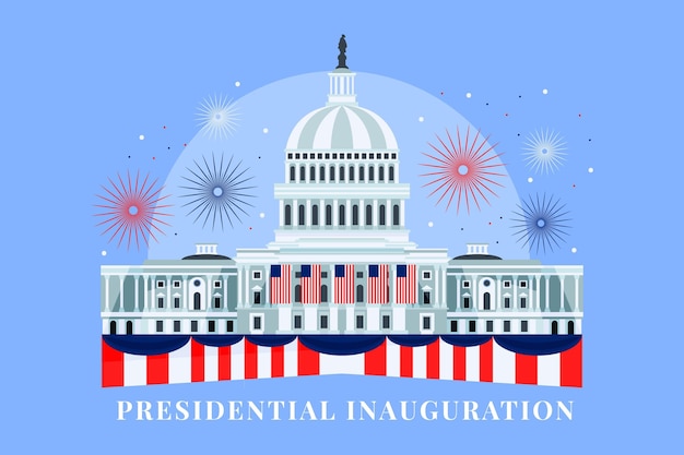 Vettore illustrazione di inaugurazione presidenziale usa disegnata a mano con casa bianca e fuochi d'artificio