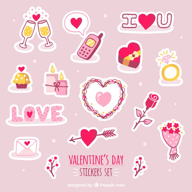 Hand drawn valentine day stikers set