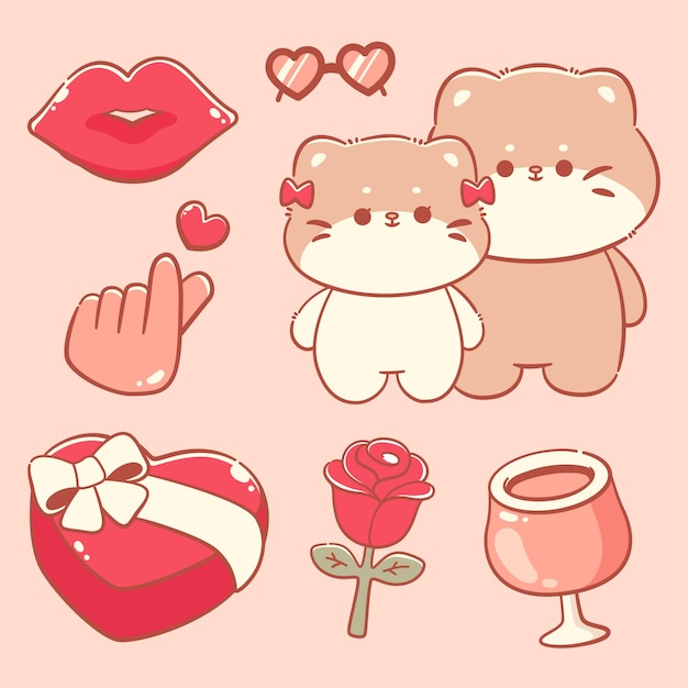손으로 그린 발렌타인 데이 요소와 커플 고양이 귀여운 카와이 컬렉션
