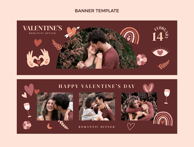 Vettore set di banner orizzontali di san valentino disegnati a mano