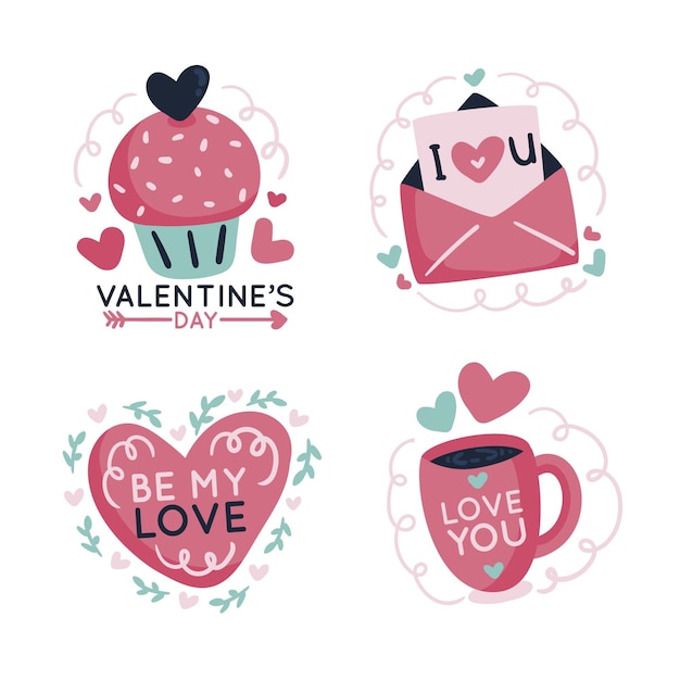 Collezione di badge di san valentino disegnati a mano