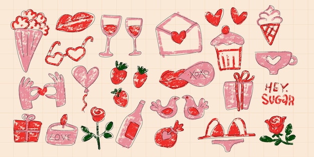 Hand drawn valentines day elements in rough crayon drawing style cute red and pink elements design