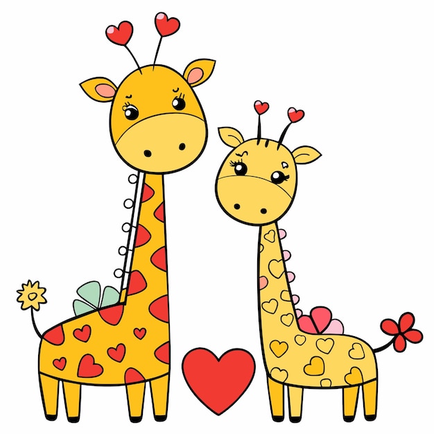 Vettore giraffa di san valentino disegnata a mano coppia di animali personaggi di cartoni animati adesivo icona concetto isolato