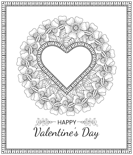 Hand drawn valentines day greeting card with mehndi flower. decoration in ethnic oriental, doodle ornament.