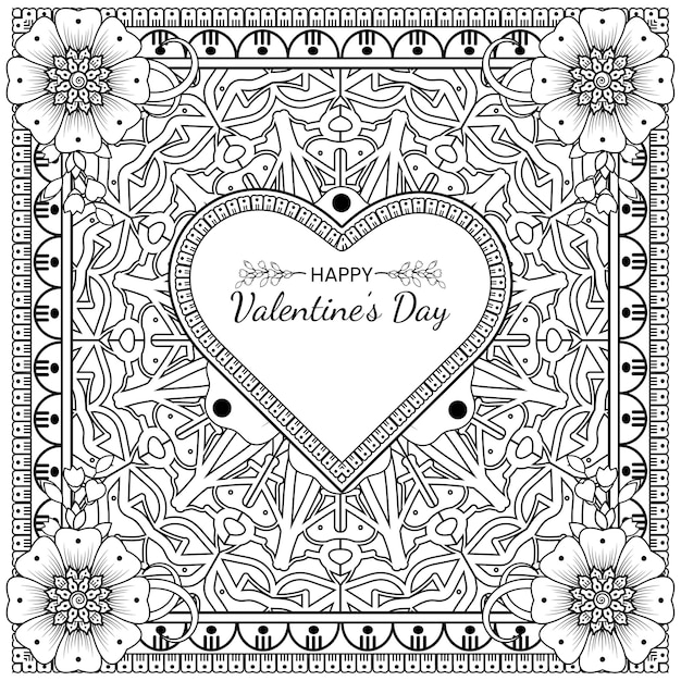 一時的な刺青の花と手描きのバレンタインデーのグリーティングカード。エスニックオリエンタル、落書き飾りの装飾。