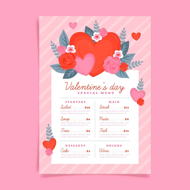 Vettore modello di menu di san valentino disegnato a mano