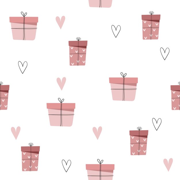 Hand drawn Valentines Day romantic seamless pattern with cute gift boxes Vector hearts background