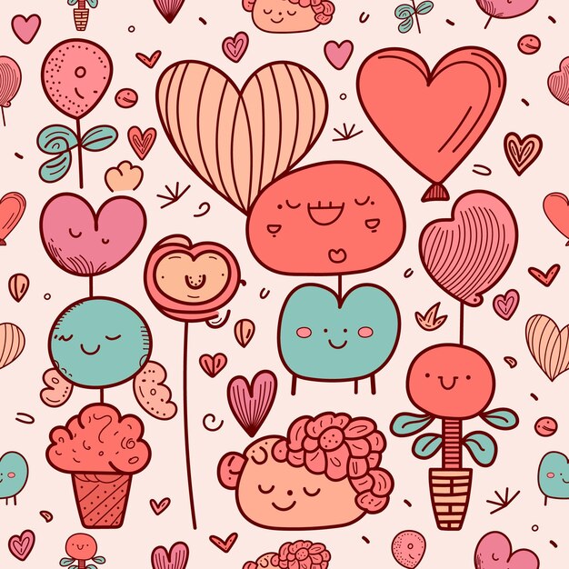 Hand drawn valentines day seamless pattern doodle drawings love romance hearts flowers valentine