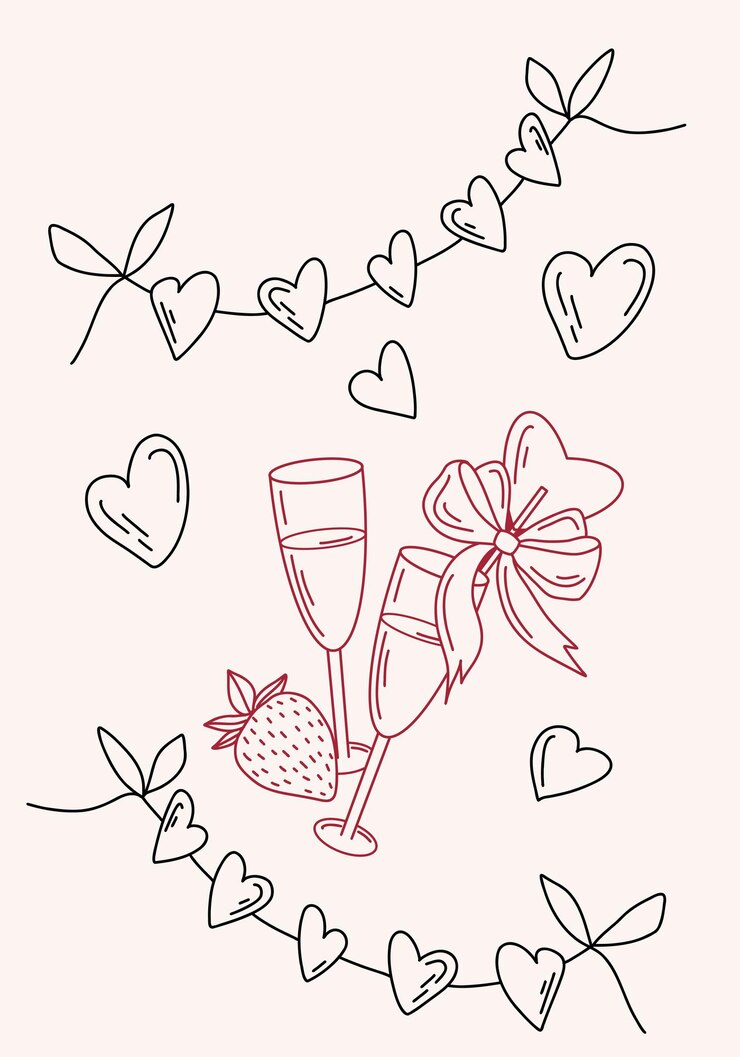 Vector hand drawn valentines day vector card illustration with hearts tulips champagne glasses strawberries