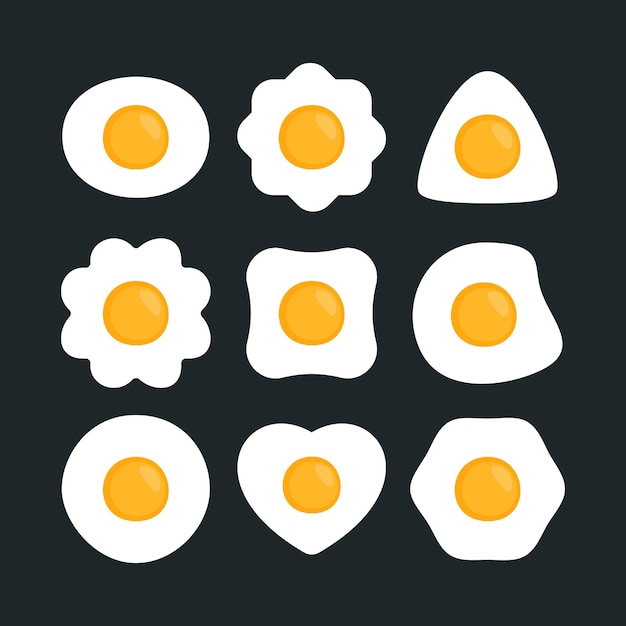 Hand drawn variety of fried eggs on black background