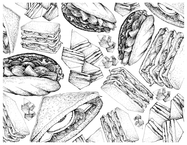 Hand Drawn of Various Sandwiches on White Background