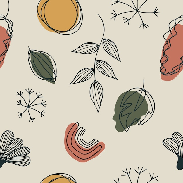 Hand drawn various shapes and doodle leaves. Contemporary seamless pattern design.