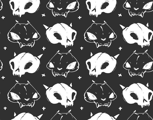 Hand drawn vector abstract artistic freehand textured ink seamless pattern with cat skulls isolated on black background