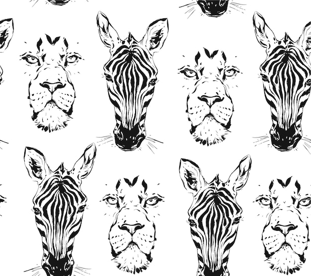 Hand drawn vector abstract artistic ink textured graphic sketch drawing illustrations seamless pattern of wildlife african safari zebra and lion head isolated on white background