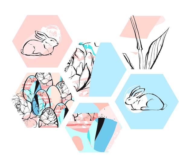 Ручной рисунок векторного абстрактного художественного текстурированного шестиугольника пасхальный коллаж с графическим цветочным кроликом и пасхальными яйцами в пастельных тонах, изолированных на белом фоне. милое весеннее украшение