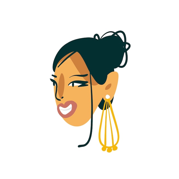Hand drawn vector abstract cartoon flat minimalistic modern graphic girl avatar portrait character with earrings stock illustration art isolated on white background
