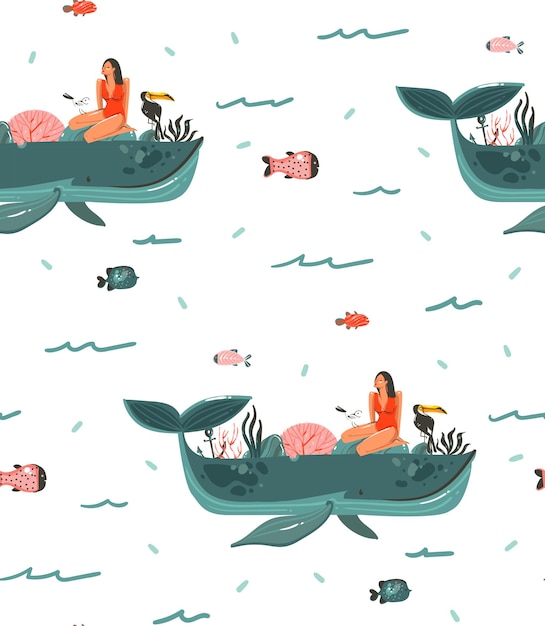 Hand drawn vector abstract cartoon graphic summer time underwater ocean bottom illustrations seamless pattern with girl coral reefsbeauty big whalesseaweeds isolated on white background