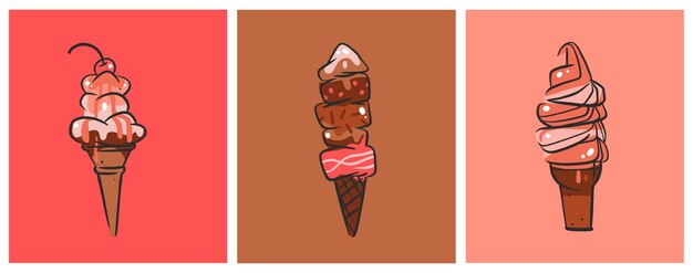 Vettore vettore disegnato a mano fumetto astratto gelato creram cono sundae linea arte illustrazione set gelato dessert illustrazione vettoriale concetto di design sweed gelatoice dessert carino doodle illustrazione isolato