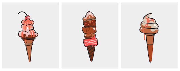 Hand drawn vector abstract cartoon ice creram cone sundae line art illustration set ice cream